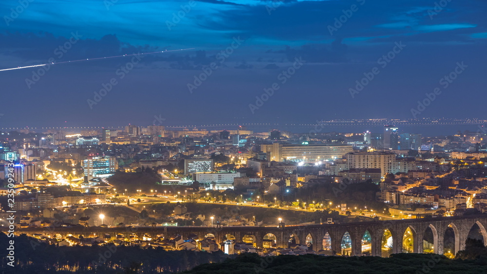 Panoramic View over Lisbon and Almada from a viewpoint in Monsanto night to day timelapse.