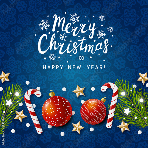 Christmas greeting card with holiday decor on blue
