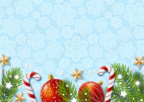 Christmas greeting card with holiday decor on blue