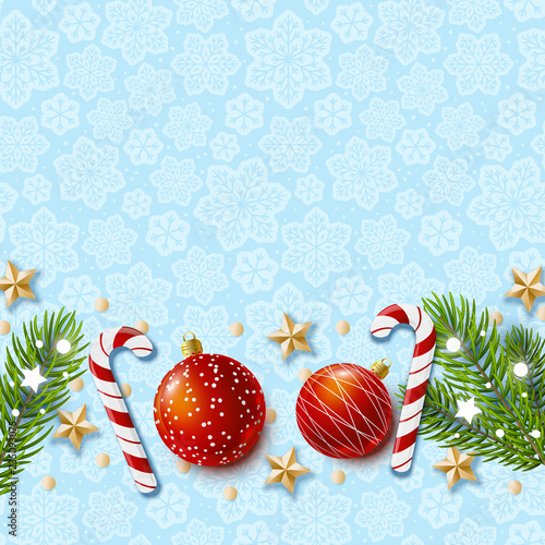 Christmas greeting card with holiday decor on blue