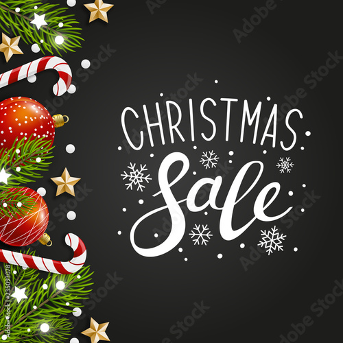 Christmas greeting card with holiday decor on dark background