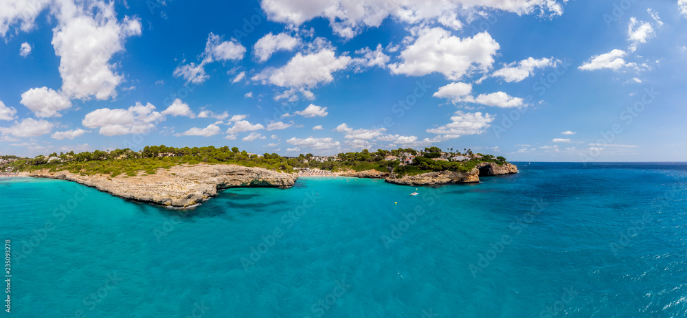 Aerial view, Spain, Balearic Islands, Mallorca, Porto Cristo Novo, Cala Mendia coast with villas and natural harbor