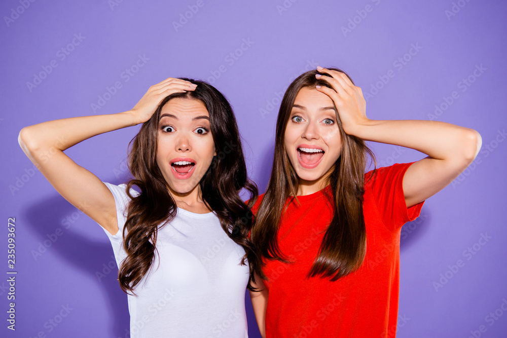 Portrait of two nice-looking cool childish fascinating attractiv Portrait of two nice-looking cool childish fascinating attractiv
