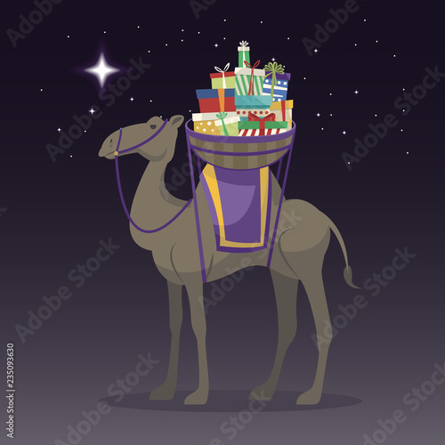 Happy epiphany day. Camel carrying gifts on three kings day