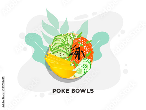 Hawaiian salmon poke bowl with seaweed, avocado rose, sesame seeds and mango.