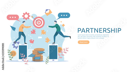 Business partnership relation concept idea with tiny people character. team working partner together template for web landing page, banner, presentation, mockup, social media. Vector illustration