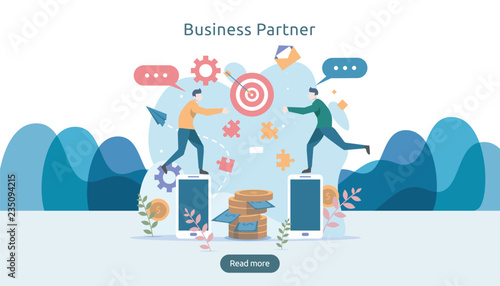 Business partnership relation concept idea with tiny people character. team working partner together template for web landing page, banner, presentation, mockup, social media. Vector illustration