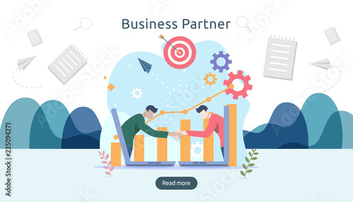Business partnership relation concept idea with tiny people character. team working partner together template for web landing page, banner, presentation, mockup, social media. Vector illustration