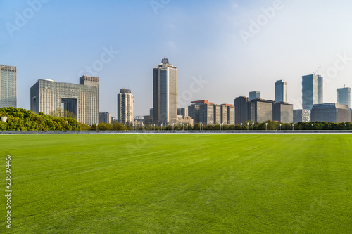 cityscape and skyline of shanghai from meadow in park. © hallojulie