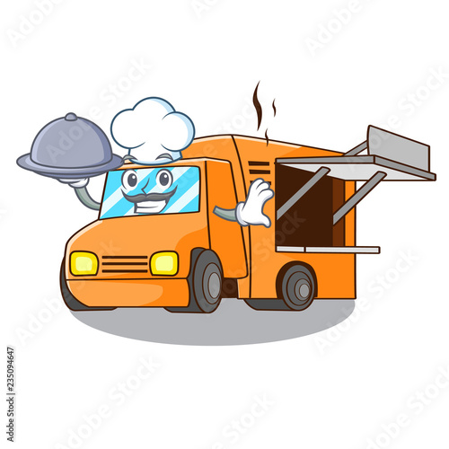 Chef with food food truck festival on shape cartoon