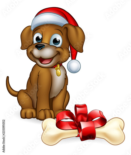 A pet dog in a Christmas Santa Claus hat cute cartoon character with its bone gift