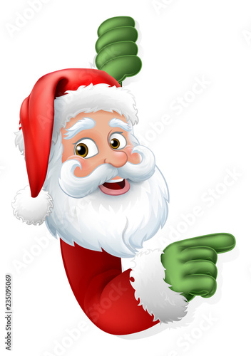 Santa Claus Christmas cartoon character peeking around a sign and pointing