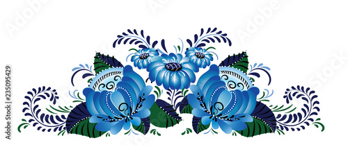 Decorative composition with blue flowers. Traditional Russian floral ornament from the Volkhov river region. Illustration, vector photo
