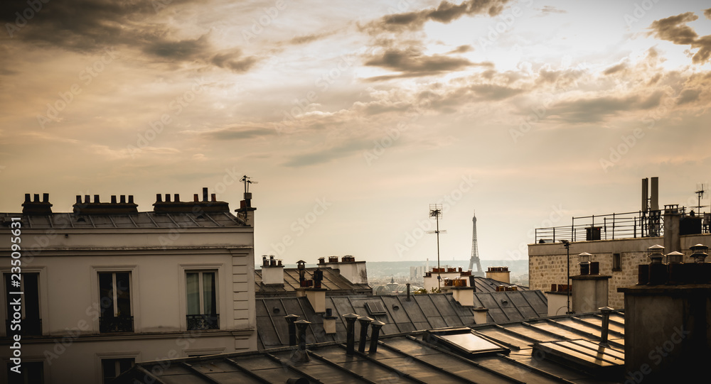 View of the Eiffel Tower above the rooftops of Paris