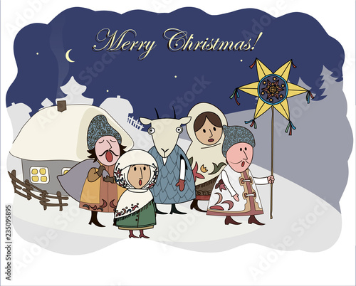 Vector illustration. Greeting card "Merry Christmas!" in cute traditional ukrainian style.