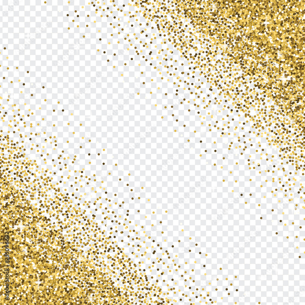 Golden glitter abstract corner background. Tinsel shiny backdrop. Luxury gold template. Vector