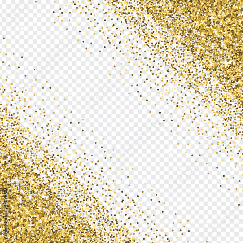 Golden glitter abstract corner background. Tinsel shiny backdrop. Luxury gold template. Vector