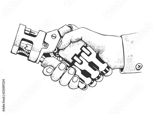 Business human and robot hands shake. Concept future business illustration. Future concept Connection structure. Vector hand drawn scratch style science image