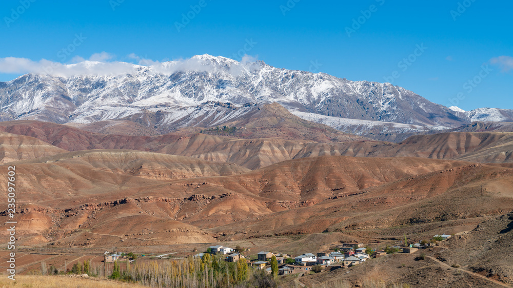 Panoramic view of small village near a snow capped mountain, Erzincan, Turkey