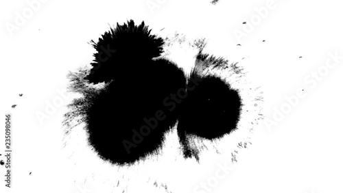 Clean black matte ink spot splatter mask isolated on white background. Big spote, spreading from the center. Can be used in projects like logo reviles, masks, mattes, blending mode, etc. photo