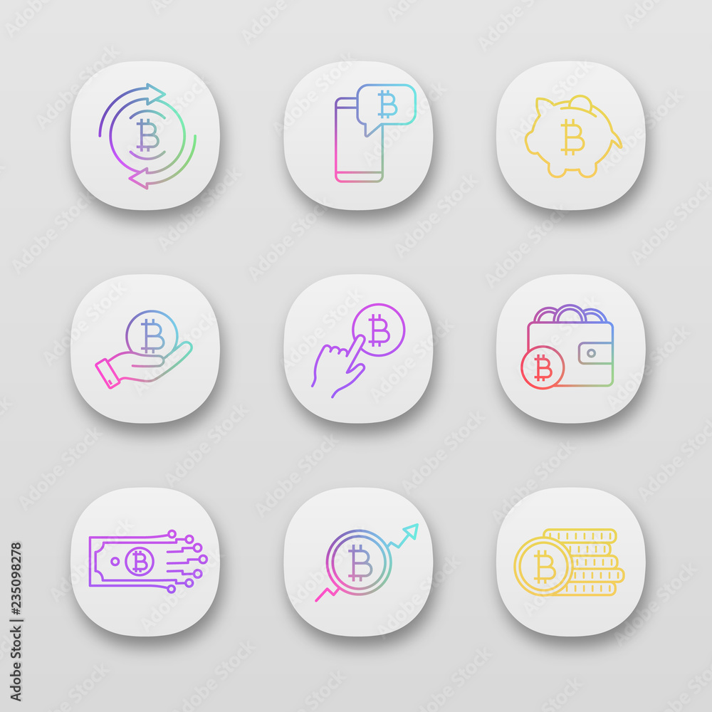 Bitcoin cryptocurrency app icons set Bitcoin cryptocurrency app icons set