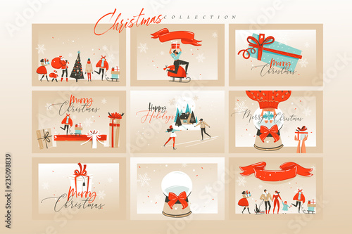 Hand drawn vector abstract fun Merry Christmas time cartoon illustrations greeting cards template and backgrounds big collection set with gift boxes,people and Xmas art isolated on white background
