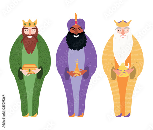 Hand drawn vector illustration of three kings of orient with gifts. Isolated objects on white background. Flat style design. Concept, element for Epiphany card, banner.