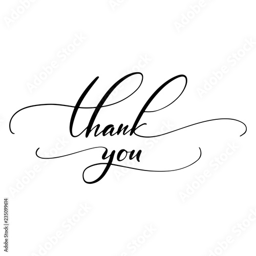 Thank you hand script calligrahy, black vintage letterring with flourishes isolated on white background.