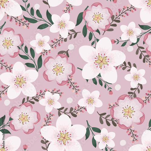 Floral vector artwork for apparel and fashion fabrics, Pink sakura flowers wreath ivy style with branch and leaves. Seamless patterns background. © Kobsoft