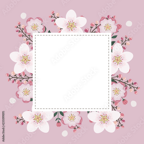 Floral greeting card and invitation template for wedding or birthday anniversary, Vector square shape of text box label and frame, Pink sakura flowers wreath ivy style with branch and leaves. © Kobsoft