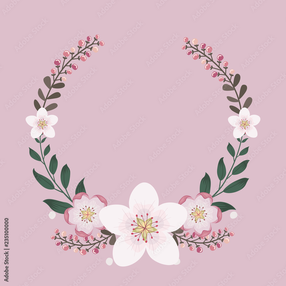Floral greeting card and invitation template for wedding or birthday anniversary, Vector circle shape of text box label and frame, Pink sakura flowers wreath ivy style with branch and leaves.