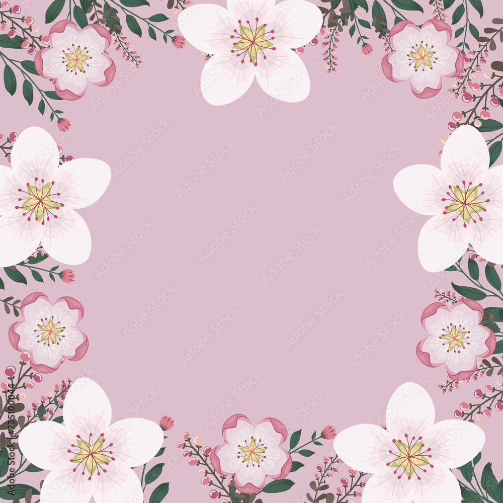 Floral greeting card and invitation template for wedding or birthday anniversary, Vector square shape of text box label and frame, Pink sakura flowers wreath ivy style with branch and leaves. Floral greeting card and invitation template for wedding or birthday anniversary, Vector square shape of text box label and frame, Pink sakura flowers wreath ivy style with branch and leaves.
