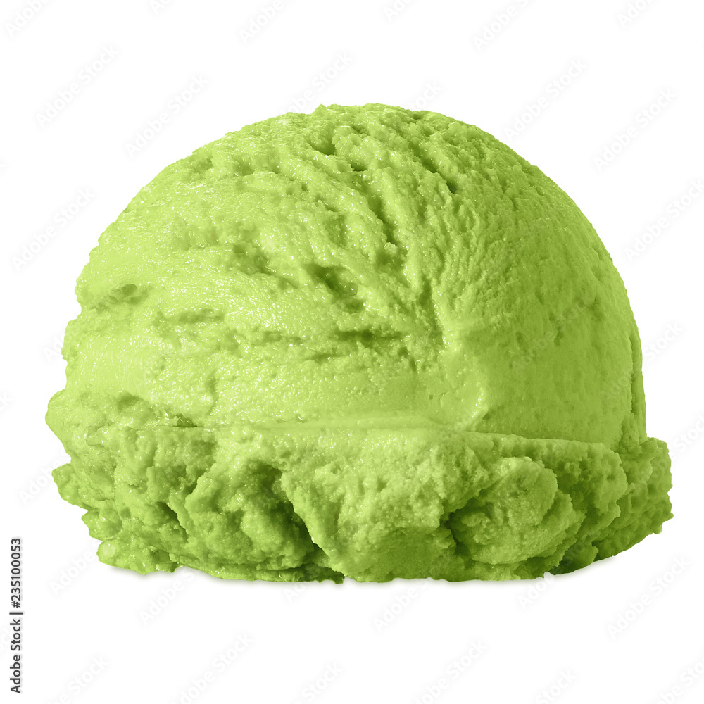 Pistachio, mint or green tea ice cream scoop isolated on white background. Pistachio, mint or green tea ice cream scoop isolated on white background.