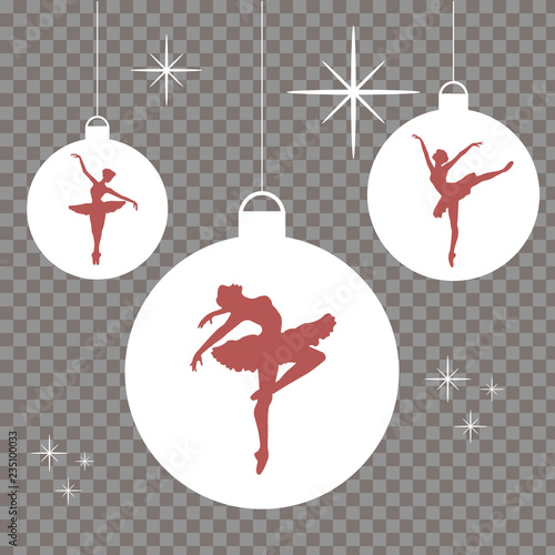 White christmas balls with red ballerinas silhouettes. Beautiful decorative elements for banners, website, cards and other design priject. Vector EPS10