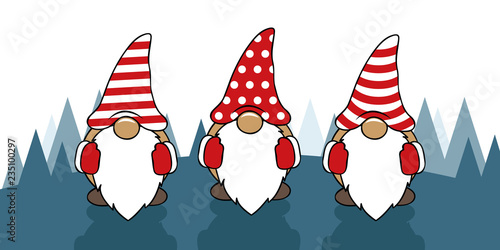 three cute christmas gnomes with funny caps cartoon vector illustration EPS10