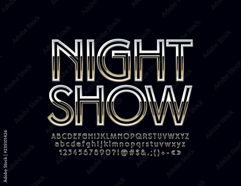 Silver Logo with text Night Show. Vector set of Alphabet letters, Numbers and Symbols. Metallic gradient Font. Silver Logo with text Night Show. Vector set of Alphabet letters, Numbers and Symbols. Metallic gradient Font.