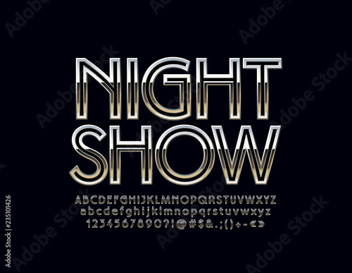 Silver Logo with text Night Show. Vector set of Alphabet letters, Numbers and Symbols. Metallic gradient Font.