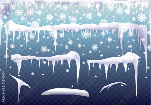 Snow icicles isolated on transparent background. Vector template for your design.