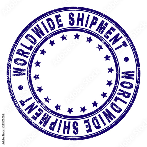 WORLDWIDE SHIPMENT stamp seal watermark with grunge texture. Designed with round shapes and stars. Blue vector rubber print of WORLDWIDE SHIPMENT label with retro texture.