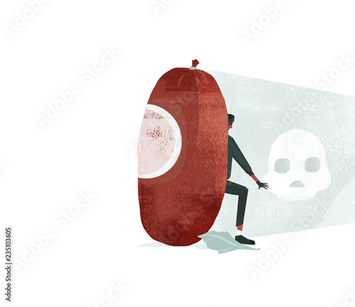 Man hiding behind sausage with skull referring to food poisoning