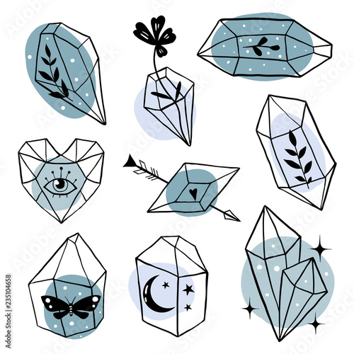 Set of hand drawn line art Minerals, Crystals, Gems with leaves, moths, moon, stars inside. Magic fairytale Halloween theme. Magical elements illustration. Vector, Isolated objects.