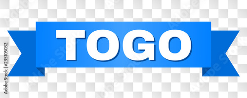 TOGO text on a ribbon. Designed with white title and blue tape. Vector banner with TOGO tag on a transparent background.