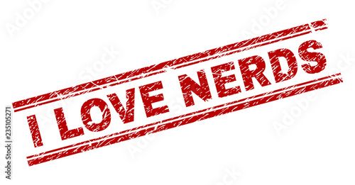 I LOVE NERDS seal print with grunge texture. Red vector rubber print of I LOVE NERDS tag with retro texture. Text tag is placed between double parallel lines.