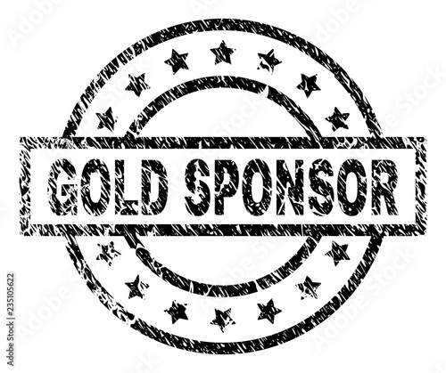 GOLD SPONSOR stamp seal watermark with distress style. Designed with rectangle, circles and stars. Black vector rubber print of GOLD SPONSOR caption with unclean texture.