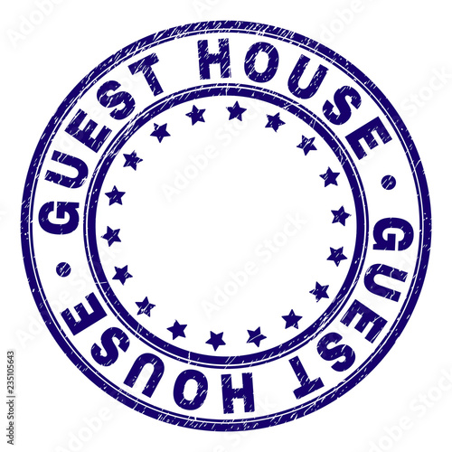 GUEST HOUSE stamp seal watermark with grunge texture. Designed with round shapes and stars. Blue vector rubber print of GUEST HOUSE caption with retro texture.