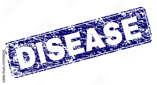DISEASE stamp seal print with distress style. Seal shape is a rounded rectangle with frame. Blue vector rubber print of DISEASE label with dirty style.