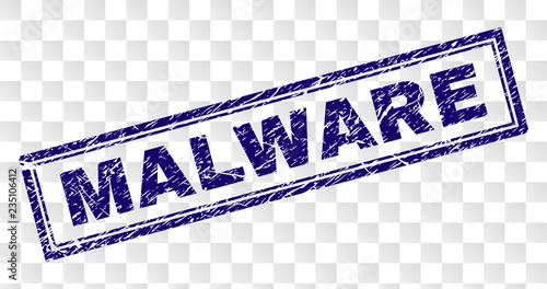 MALWARE stamp seal print with rubber print style and double framed rectangle shape. Stamp is placed on a transparent background. Blue vector rubber print of MALWARE caption with dust texture.