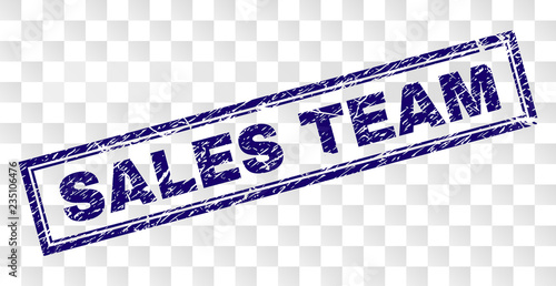 SALES TEAM stamp seal print with rubber print style and double framed rectangle shape. Stamp is placed on a transparent background. Blue vector rubber print of SALES TEAM tag with unclean texture.
