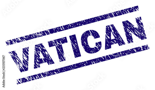 VATICAN seal print with distress style. Blue vector rubber print of VATICAN label with retro texture. Text label is placed between parallel lines.