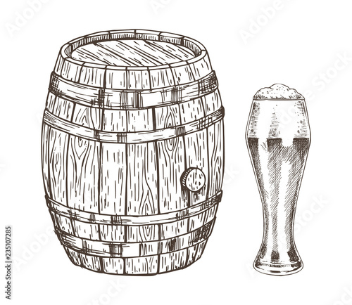 Oak Container and Glass of Frothy Ale Graphic Art